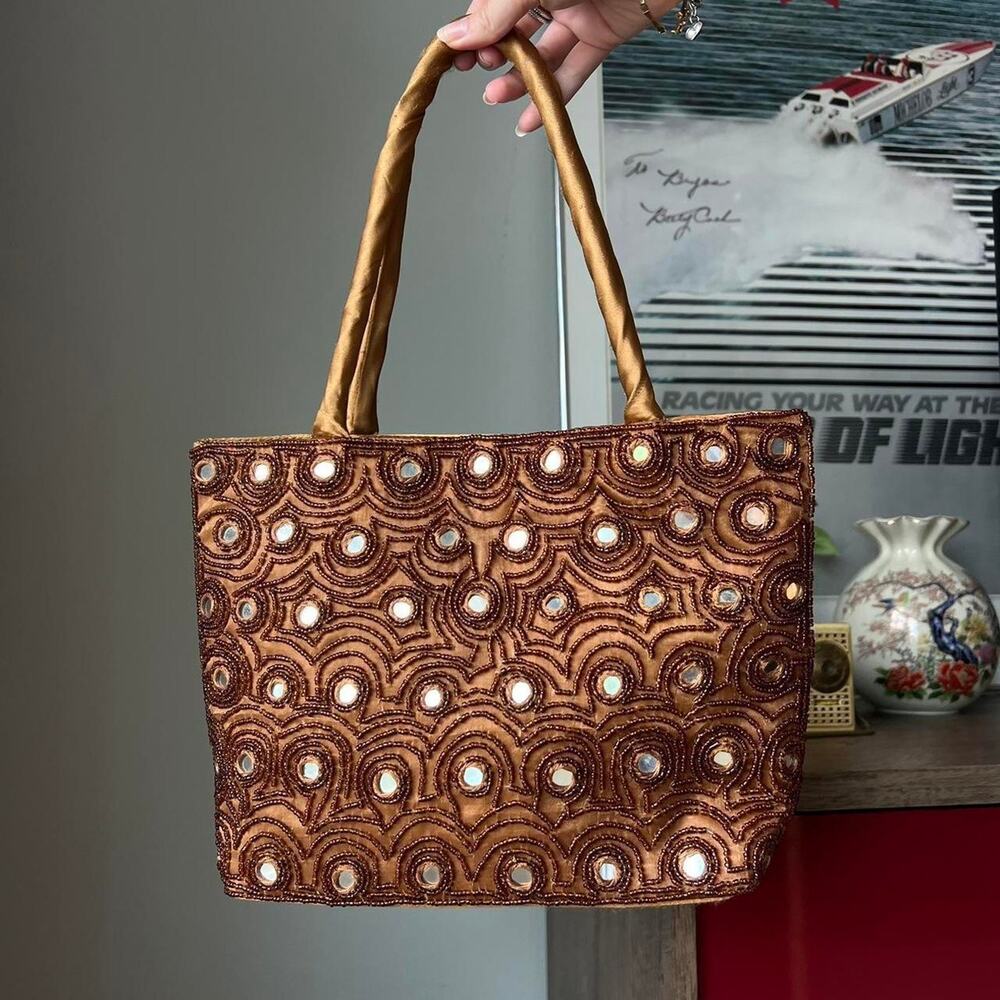 Vintage Silky Beaded and Mirrored Bag